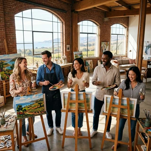 Друзья рисуют и пьют вино на мастер-классе