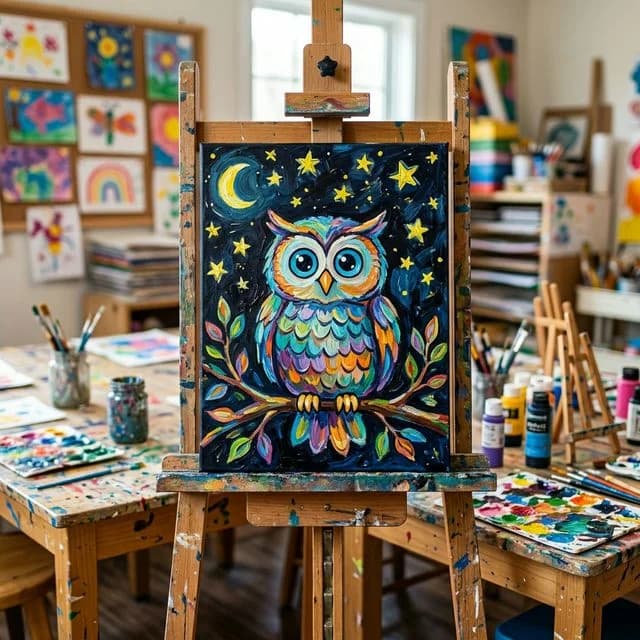 لوحة طفل لبومة، ورشة رسم للأطفال في مينسك