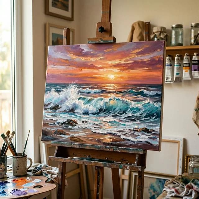 الرسم في مينسك، منظر بحري بالأكريليك عند الغروب في استوديو فني