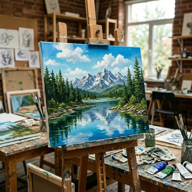 منظر بحيرة جبلية بالأكريليك، ورشة رسم في بيلاروسيا